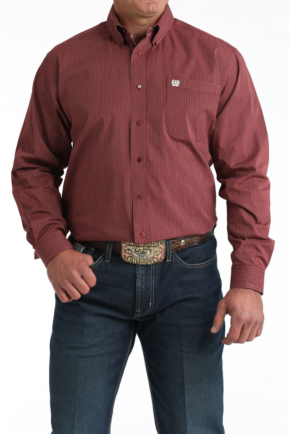 CINCH MEN'S LONG SLEEVE STRIPED BUTTON SHIRT - BURGUNDY