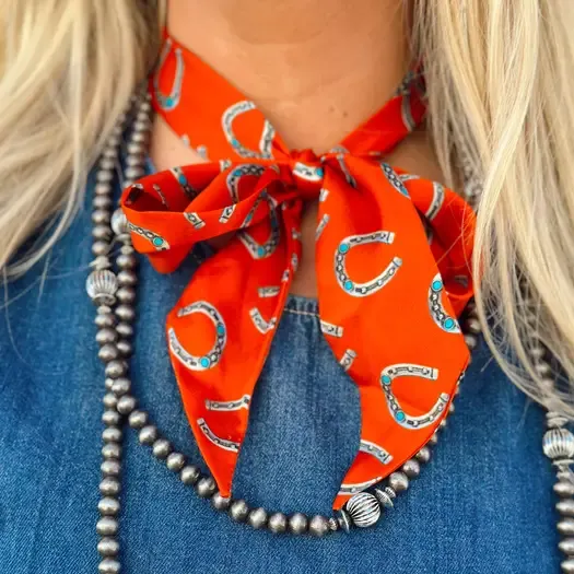 WEST &amp; CO. SILVER AND TURQUOISE HORSESHOE PATTERN SILK TWILLY - BURNT ORANGE