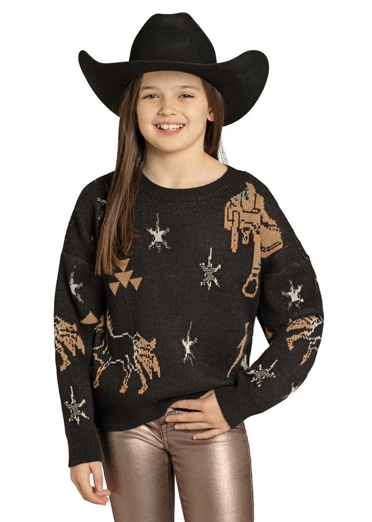 ROCK &amp; ROLL DENIM GIRLS' LUREX CONVERSATIONAL SWEATER - BLACK
