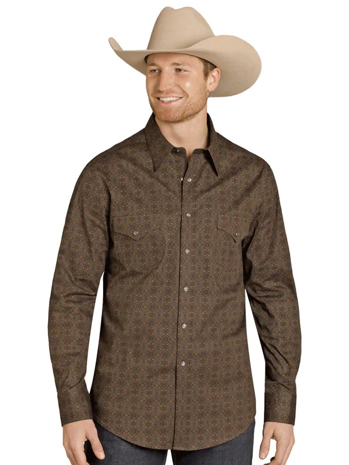ROCK &amp; ROLL DENIM MEN'S LONG SLEEVE MEDALLION PRINT PEARL SNAP SHIRT - DARK BROWN