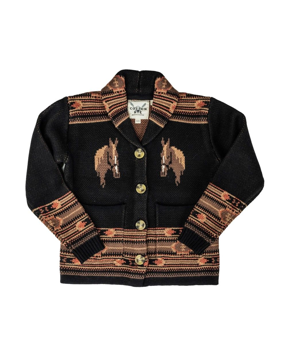 COTTON AND RYE GIRLS' HORSE KNIT SWEATER CARDIGAN - BLACK