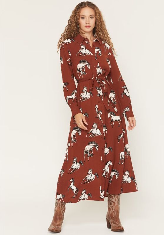 COTTON AND RYE WOMEN'S HORSE PRINT DRESS - BRICK