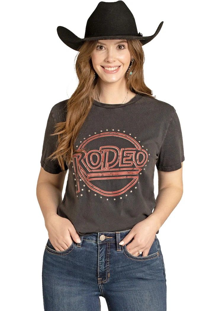 ROCK &amp; ROLL DENIM WOMEN'S STUDDED GRAPHIC TEE - BLACK