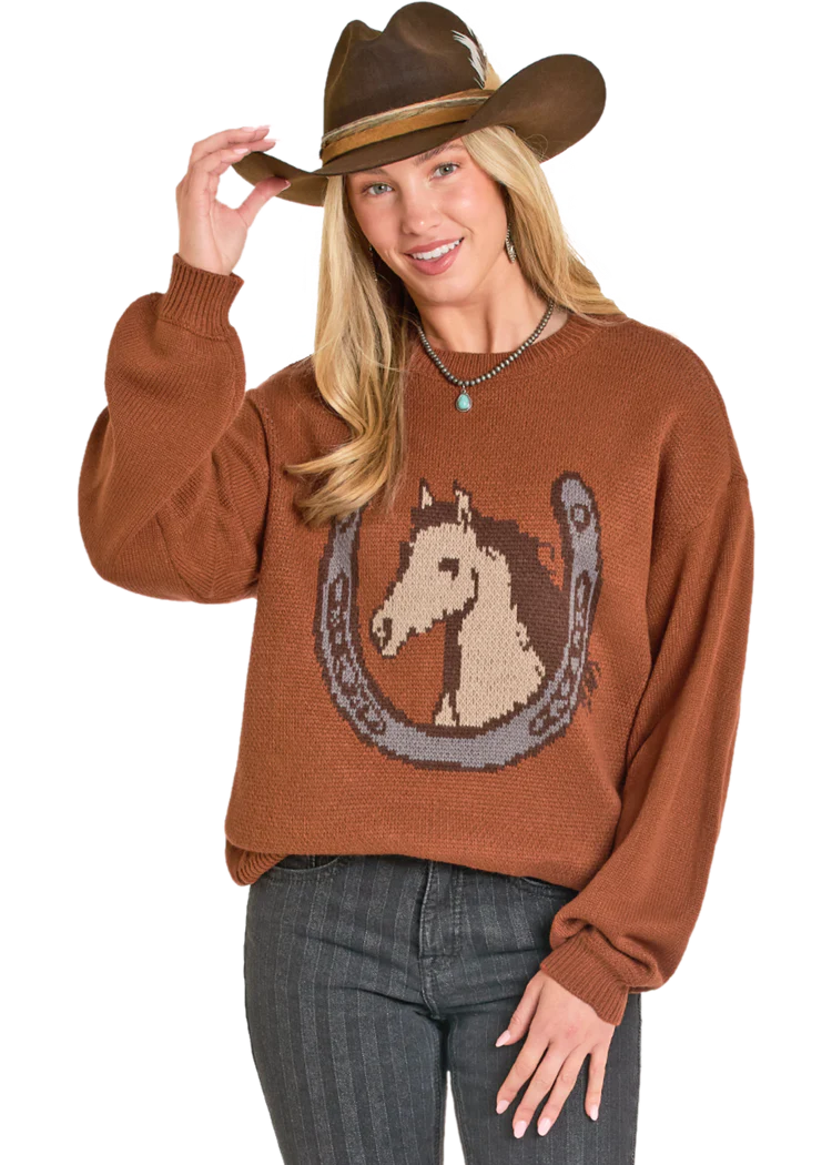 ROCK &amp; ROLL DENIM WOMEN'S HORSE AND HORSESHOE SWEATER - BURNT ORANGE