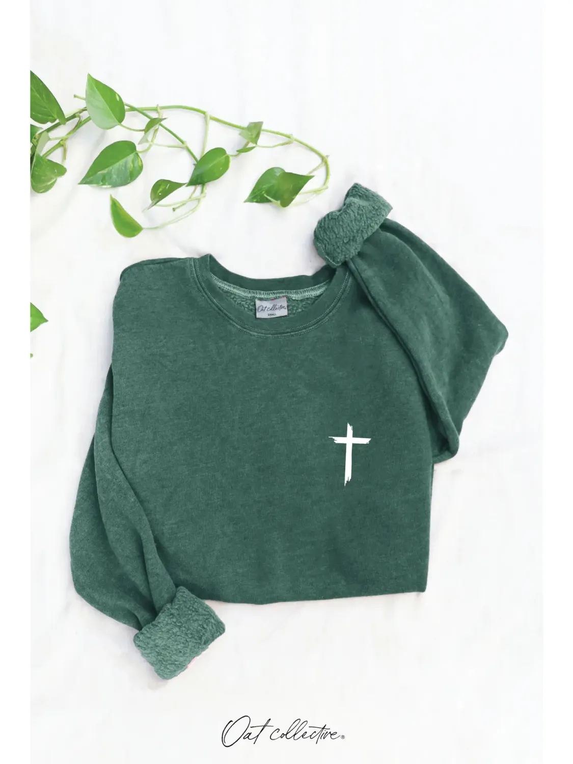 OAT COLLECTIVE WOMEN'S JESUS HAS MY BACK MINERAL CREW SWEATSHIRT - DUSTY FOREST