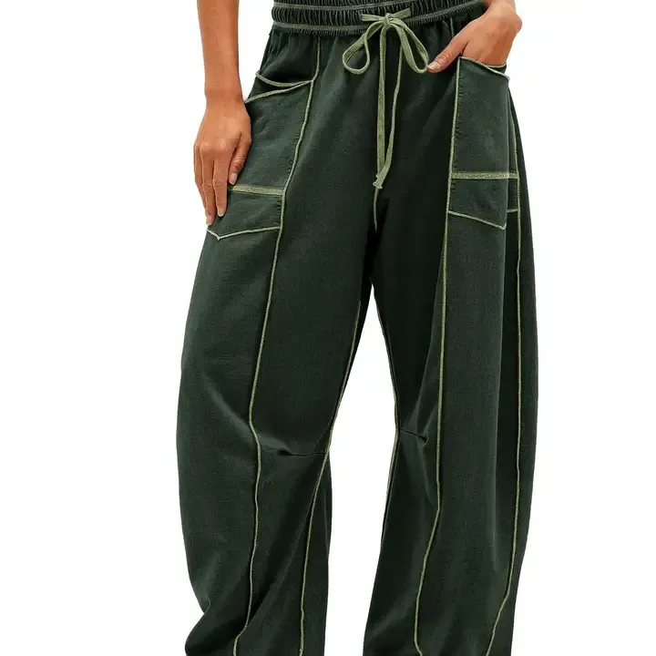 LILY CLOTHING WOMEN'S STRETCH WAIST DRAWSTRING BARREL SWEATPANTS - OLIVE GREEN