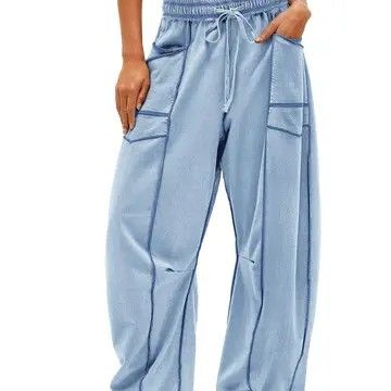 LILY CLOTHING WOMEN'S STRETCH WAIST DRAWSTRING BARREL SWEATPANTS - LIGHT BLUE