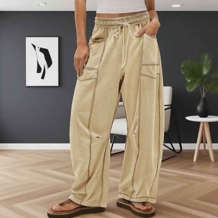 LILY CLOTHING WOMEN'S STRETCH WAIST DRAWSTRING BARREL SWEATPANTS - KHAKI