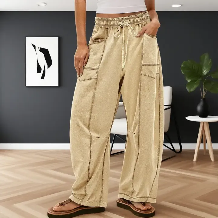 LILY CLOTHING WOMEN'S STRETCH WAIST DRAWSTRING BARREL SWEATPANTS - KHAKI