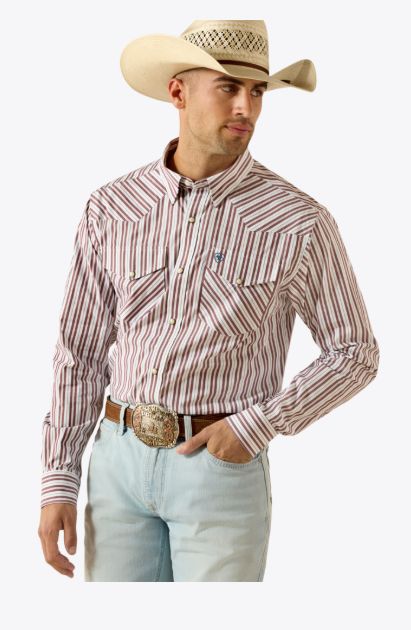 ARIAT MEN'S LONG SLEEVE PRO SERIES TRAE FITTED PEARL SNAP SHIRT - WHITE STRIPE