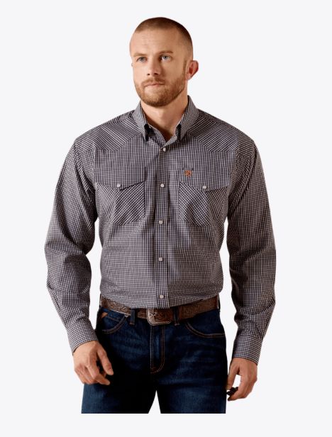 ARIAT MEN'S LONG SLEEVE WRINKLE FREE ADONIS CLASSIC FIT PEARL SNAP SHIRT - NAVY PLAID