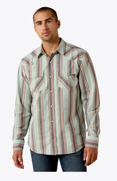 ARIAT MEN'S LONG SLEEVE RETRO HESPERUS FITTED PEARL SNAP SHIRT - AQUIFER PLAID