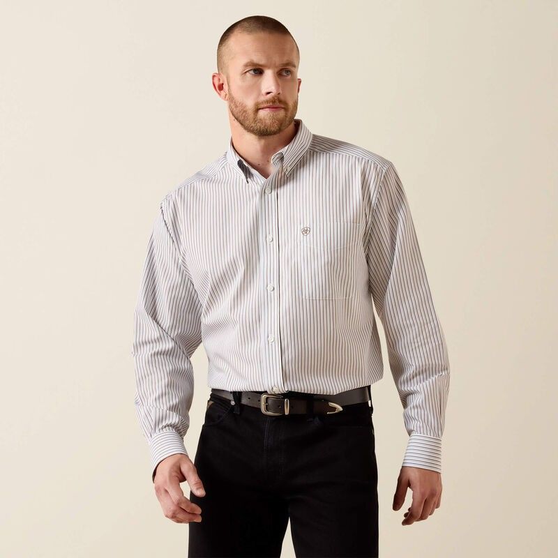 ARIAT MEN'S LONG SLEEVE WRINKLE FREE CORY CLASSIC FIT BUTTON SHIRT - WHITE STRIPE