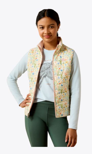 ARIAT GIRLS' BELLA REVERSIBLE INSULATED VEST - HORSE IN FLOWER/SEPIA ROSE