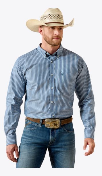 ARIAT MEN'S LONG SLEEVE PRO SERIES JUDAH FITTED BUTTON SHIRT - POSEIDON STRIPE