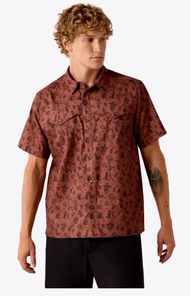 ARIAT MEN'S SHORT SLEEVE PRINTED VENTTEK WESTERN YOKE CLASSIC FIT PEARL SNAP SHIRT - SOFT SILT