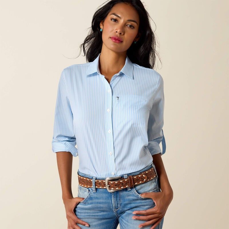 ARIAT WOMEN'S LONG SLEEVE VENTTEK BUTTON SHIRT - NANTUCKET BREEZE RAILROAD STRIPE