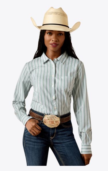 ARIAT WOMEN'S LONG SLEEVE KIRBY PRO BUTTON SHIRT - GREEN BAY STRIPE