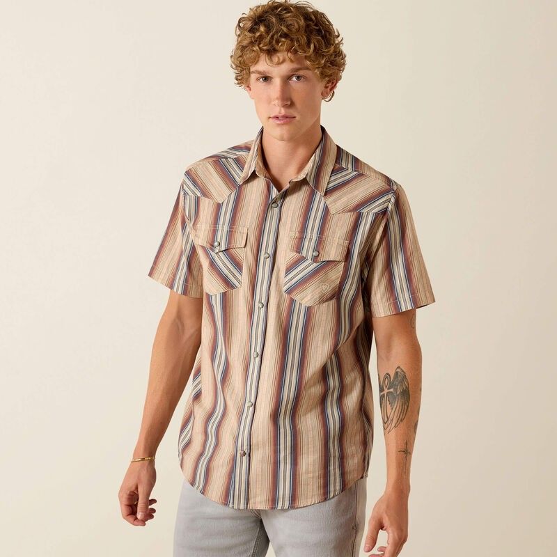 ARIAT MEN'S SHORT SLEEVE RETRO HAVER FITTED PEARL SNAP SHIRT - COPPER BROWN STRIPE
