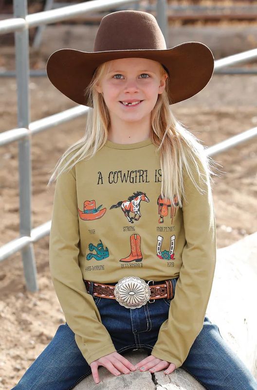 CRUEL DENIM GIRLS' LONG SLEEVE COWGIRL IS GRAPHIC TEE - GREEN