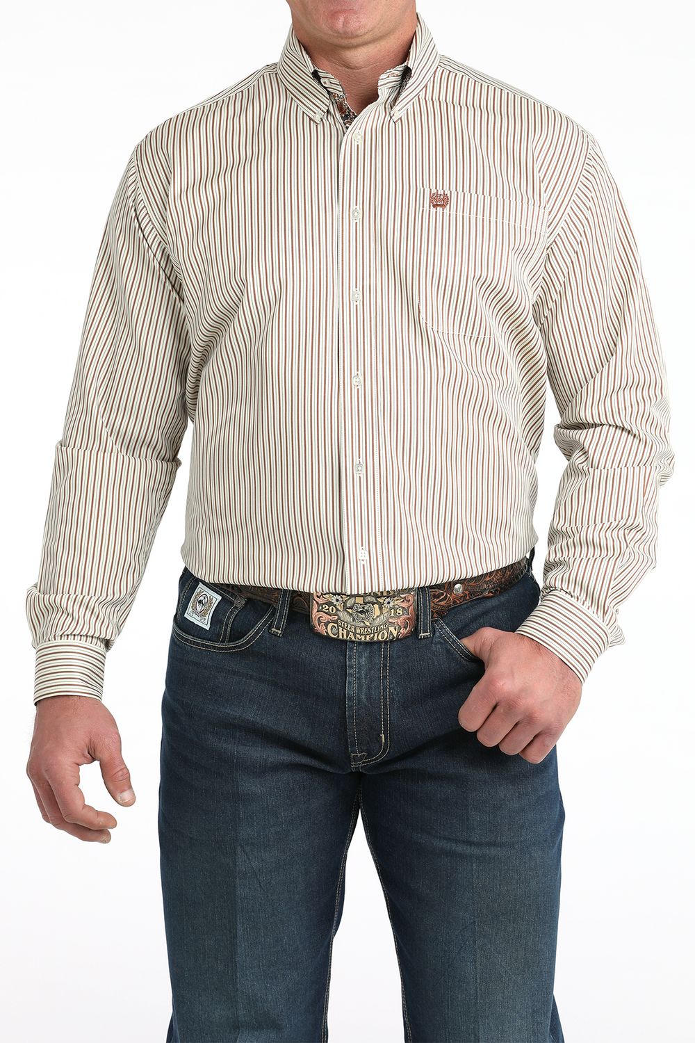 CINCH MEN'S LONG SLEEVE TENCEL STRIPED BUTTON SHIRT - CREAM
