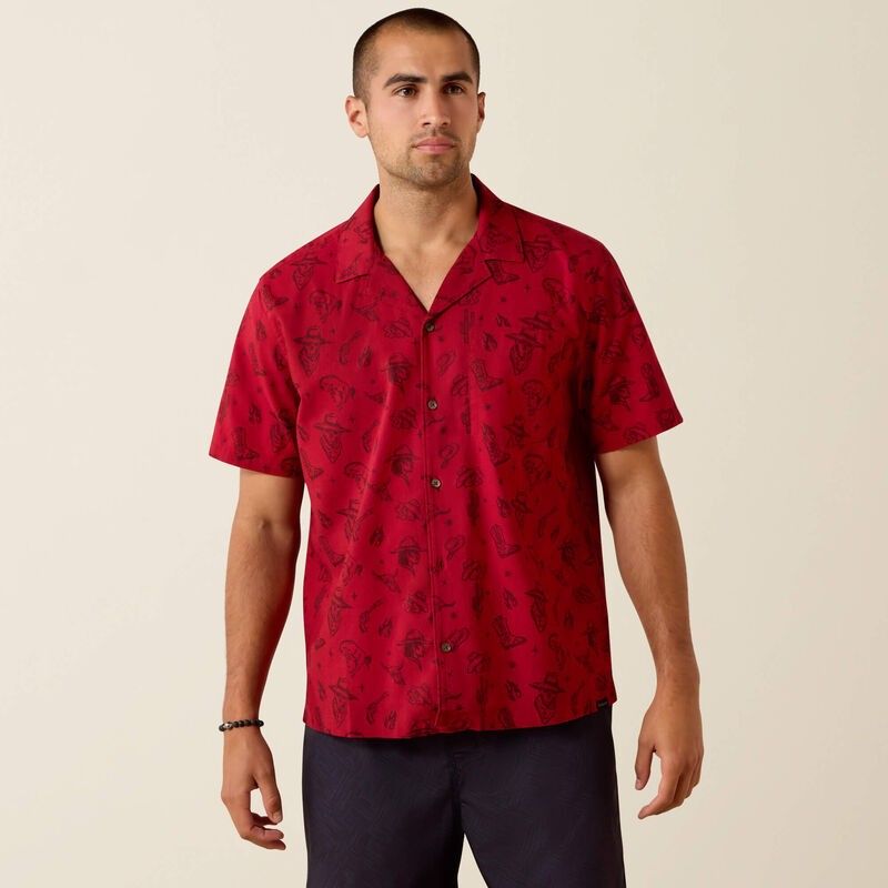 ARIAT MEN'S SHORT SLEEVE RETRO CAMP CLASSIC FIT BUTTON SHIRT - RIO RED WESTERN TOSS