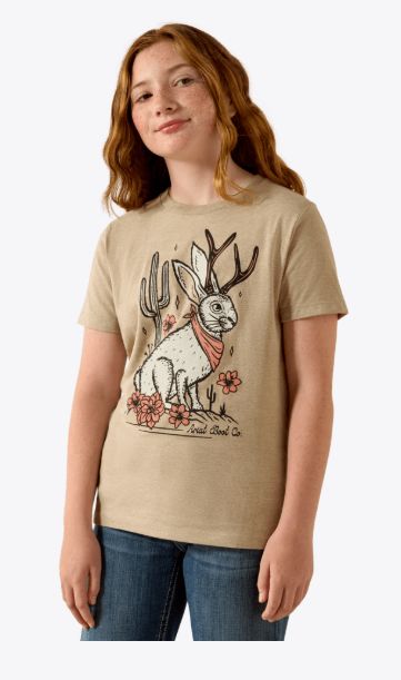 ARIAT GIRLS' JACKALOPE TEE - OATMEAL HEATHER