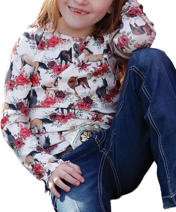 CRUEL DENIM GIRLS' LONG SLEEVE HENLEY HORSE PRINT SHIRT - WHITE