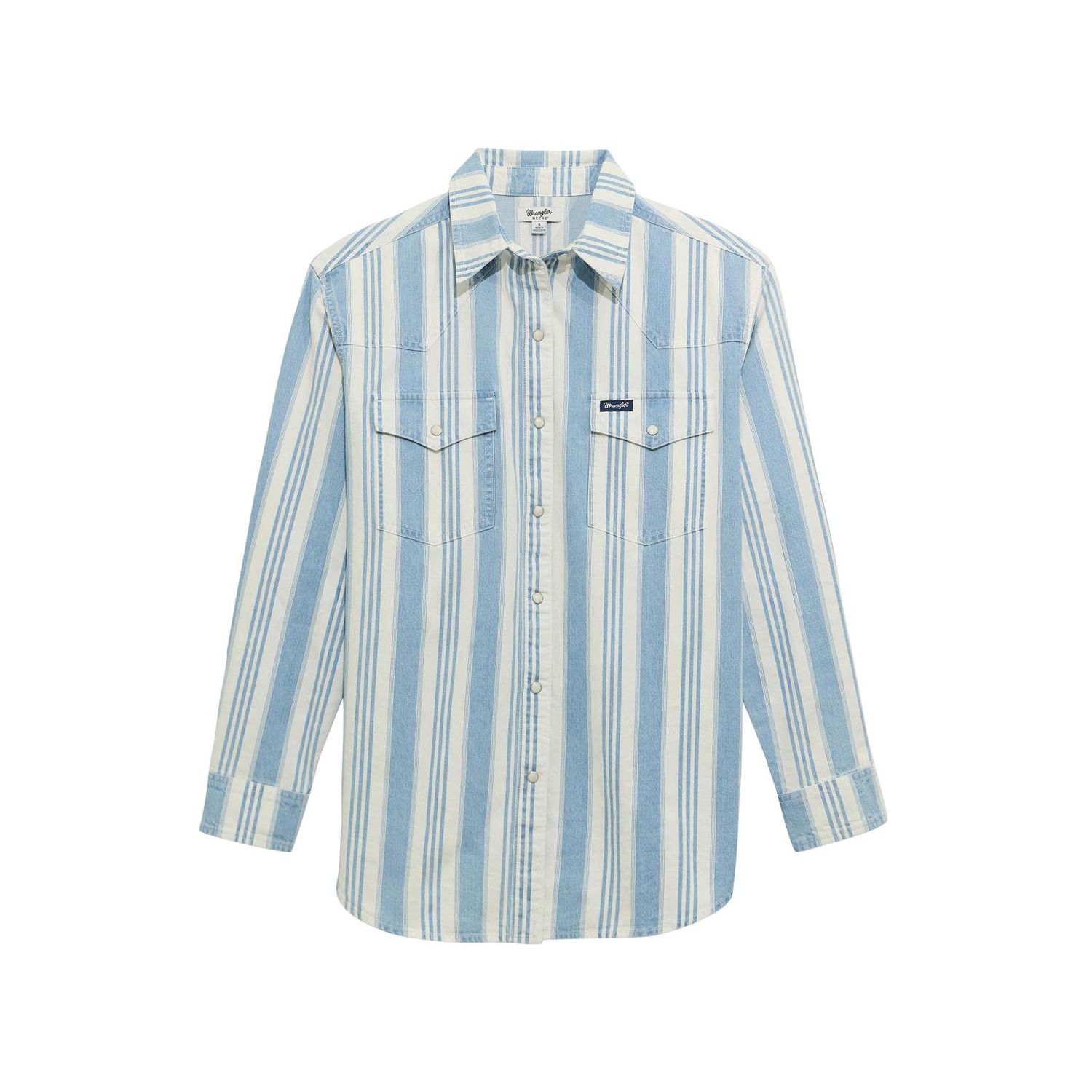 WRANGLER WOMEN'S LONG SLEEVE RETRO DENIM PEARL SNAP SHIRT - BLUE STRIPE