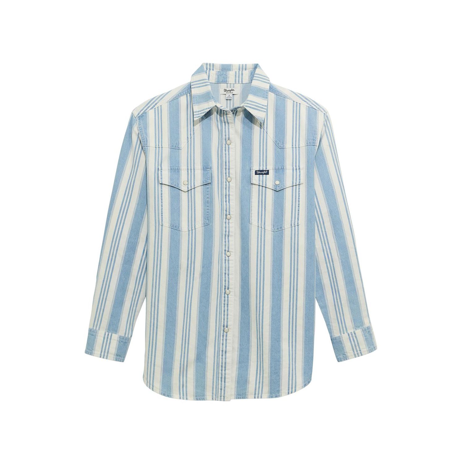 WRANGLER WOMEN'S LONG SLEEVE RETRO DENIM PEARL SNAP SHIRT - BLUE STRIPE