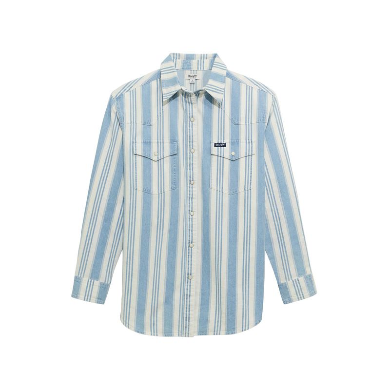 WRANGLER WOMEN'S LONG SLEEVE RETRO DENIM PEARL SNAP SHIRT - BLUE STRIPE
