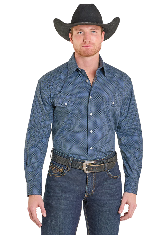 PANHANDLE SLIM MEN'S LONG SLEEVE 2 POCKET GEO PRINT PEARL SNAP SHIRT - BLUE
