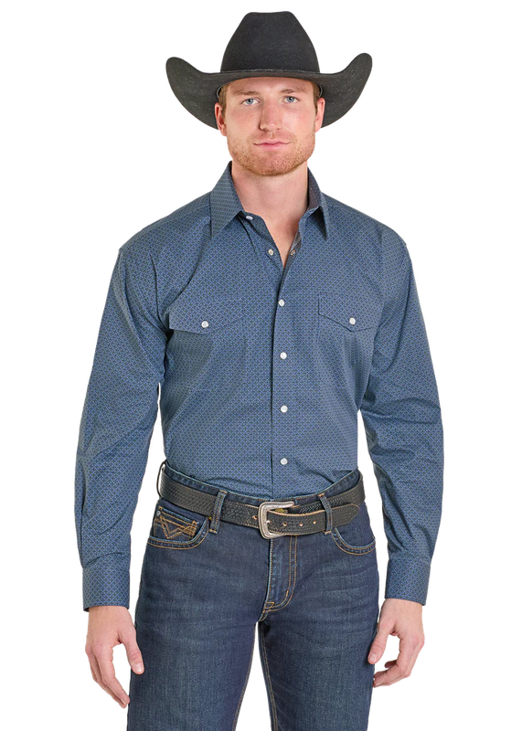 PANHANDLE SLIM MEN'S LONG SLEEVE 2 POCKET GEO PRINT PEARL SNAP SHIRT - BLUE