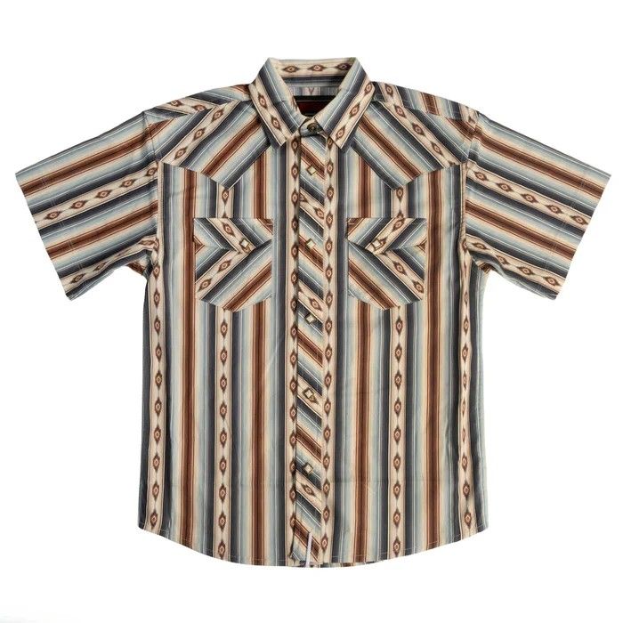 ROCK &amp; ROLL DENIM BOYS' SHORT SLEEVE SERAPE STRIPE PRINTED PEARL SNAP SHIRT - DARK BROWN
