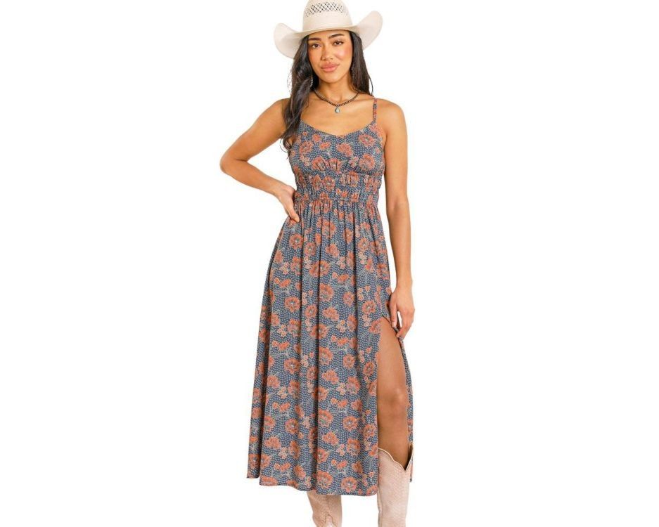 ROCK &amp; ROLL DENIM WOMEN'S FLORAL PRINT MIDI DRESS - NAVY