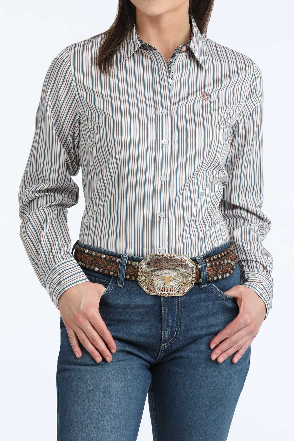 CINCH WOMEN'S LONG SLEEVE TENCEL STRIPED BUTTON SHIRT - WHITE