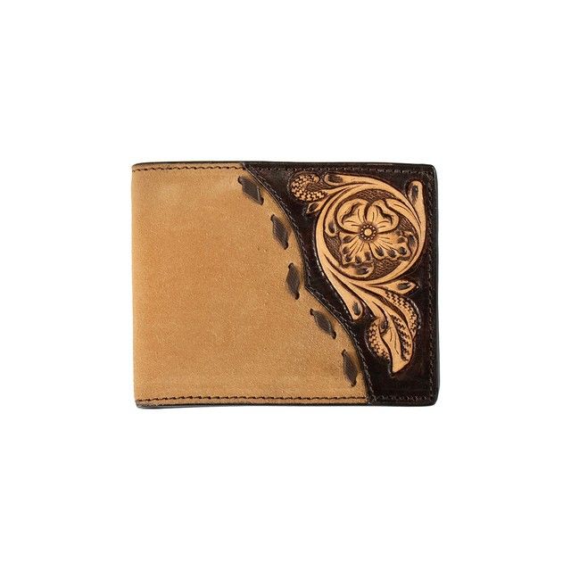 3D MEN'S BIFOLD WALLET - ROUGH OUT/TOOLED FLORAL/BUCKSTITCH