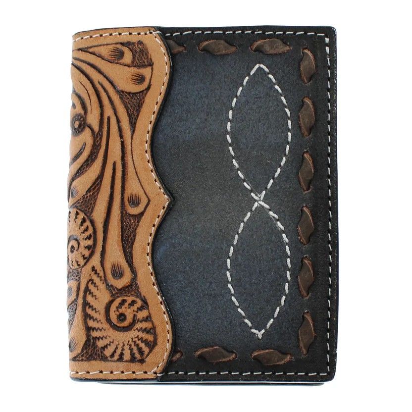 3D MEN'S TRIFOLD WALLET - ROUGHOUT/TOOLED FLORAL/BUCKSTITCH/BLACK