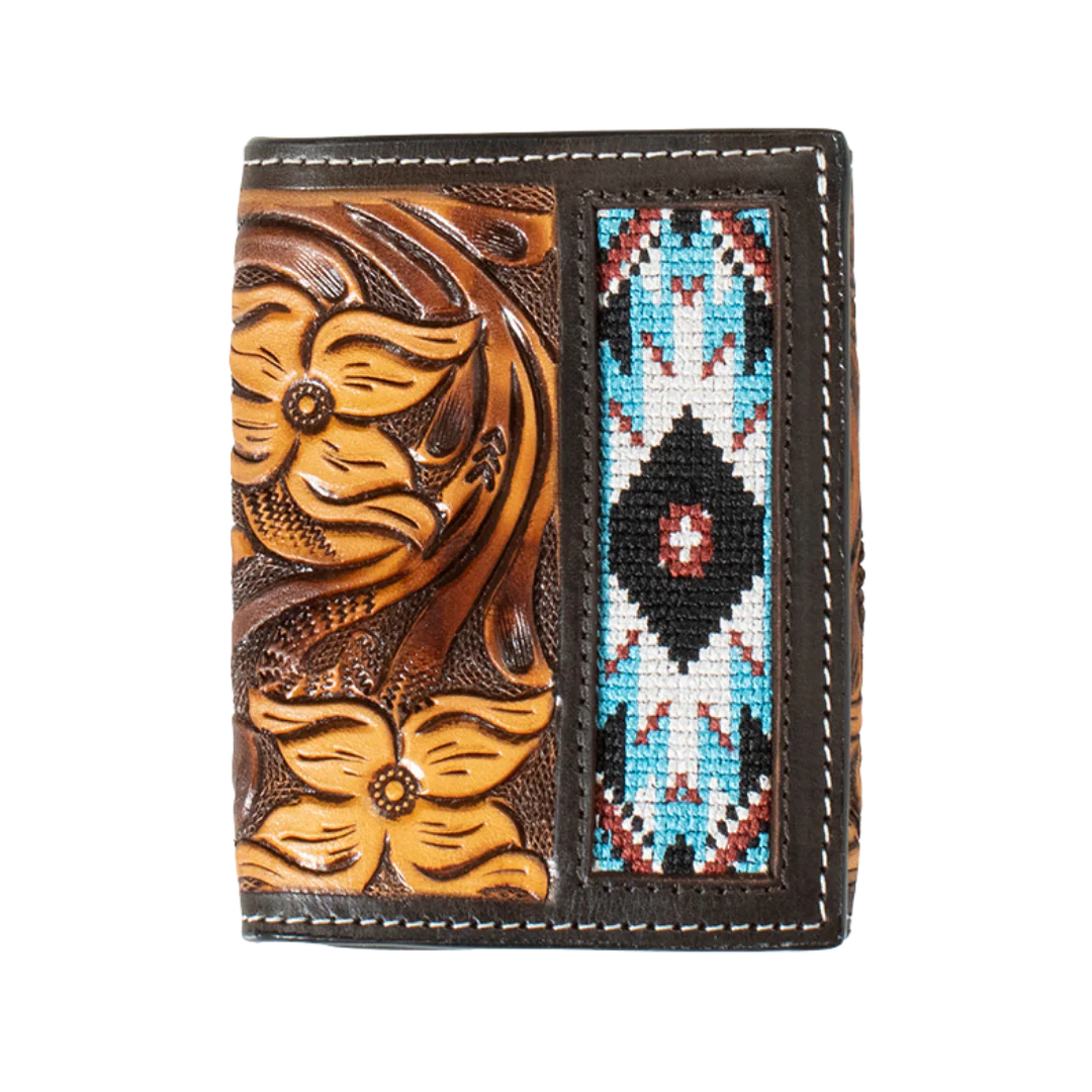 3D MEN'S TRIFOLD WALLET - TOOLED FLORAL/EMBROIDERED INLAY - TAN