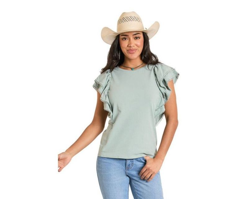 PANHANDLE SLIM WOMEN'S FLUTTER SLEEVE TEE WITH STUD TRIM - JADE