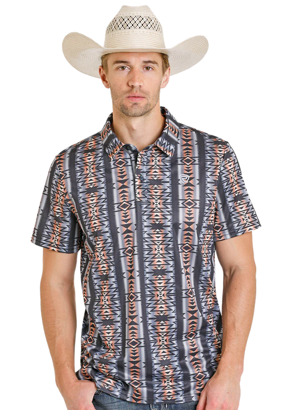 ROCK &amp; ROLL DENIM MEN'S AZTEC PRINTED POLO SHIRT - BLACK