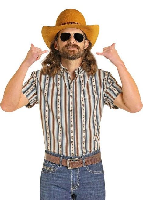 ROCK &amp; ROLL DENIM MEN'S SHORT SLEEVE SERAPE STRIPE PRINTED BUTTON SHIRT - DARK BROWN