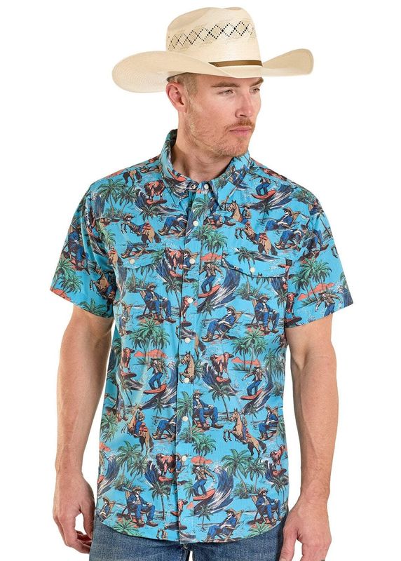 ROCK &amp; ROLL DENIM MEN'S SHORT SLEEVE HANG TEN COWBOY WESTERN TEK VENTED PEARL SNAP SHIRT - TURQUOISE