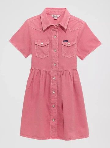 WRANGLER GIRLS' SHORT SLEEVE WESTERN PEARL SNAP DRESS - PINK