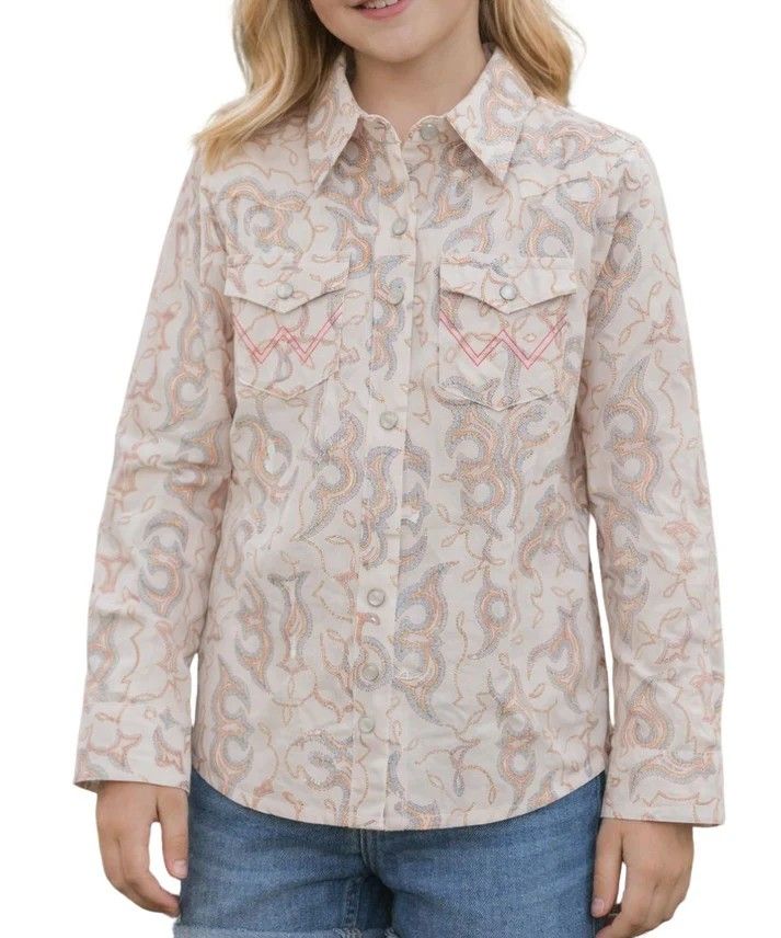 WRANGLER GIRLS' LONG SLEEVE PAISLEY PRINT PEARL SNAP SHIRT - WHITE