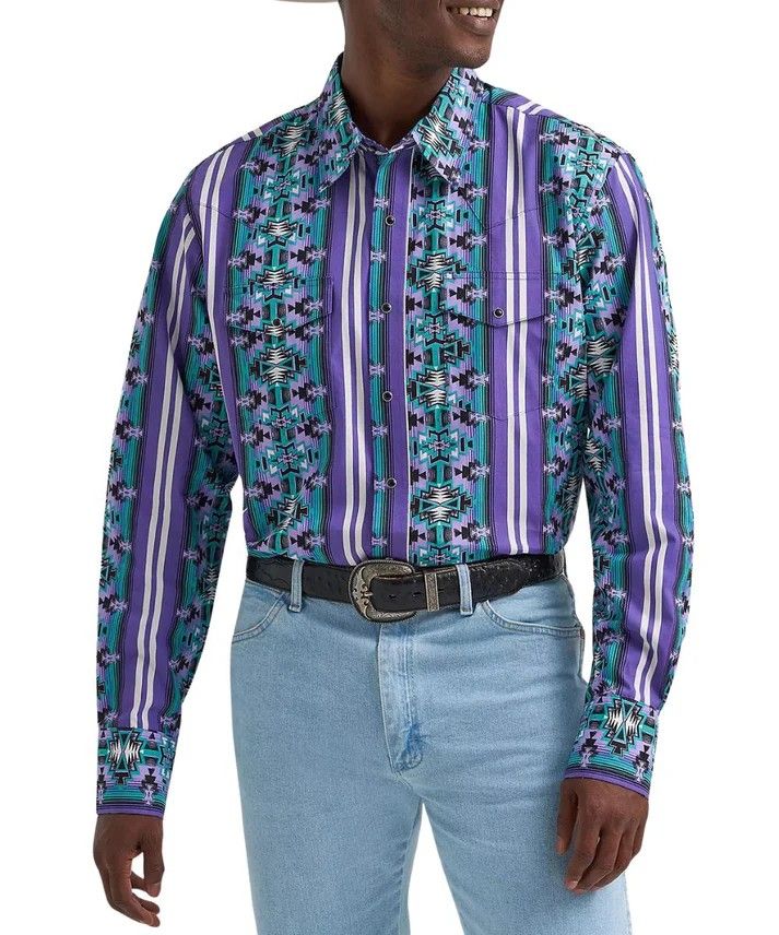 WRANGLER MEN'S LONG SLEEVE CHECOTAH PEARL SNAP CLASSIC FIT SHIRT - PURPLE