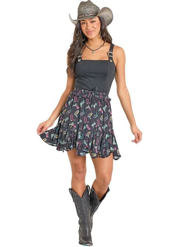 ROCK &amp; ROLL DENIM GIRLS' BOOT PRINT GODET SKIRT - BLACK