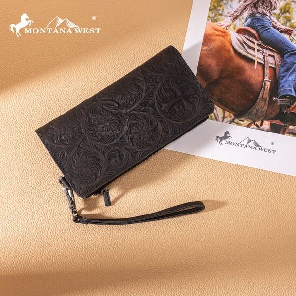 MONTANA WEST WALLET BI-FOLD TOOLED LEATHER - BLACK