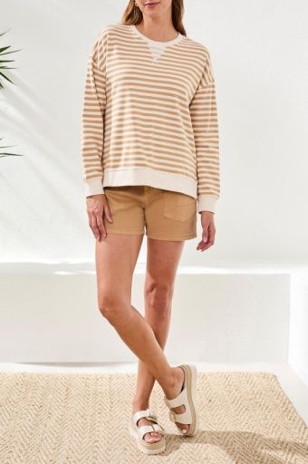 TRIBAL WOMEN'S LONG SLEEVE CREW NECK TOP WITH COMBO - SESAME, COLOR: SESAME, SIZE: S