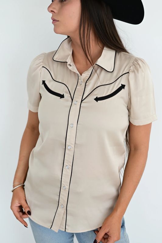 HOWDY HANNY WOMEN'S SHORT SLEEVE VINTAGE WESTERN THINGS PEARL SNAP SHIRT - CREAM